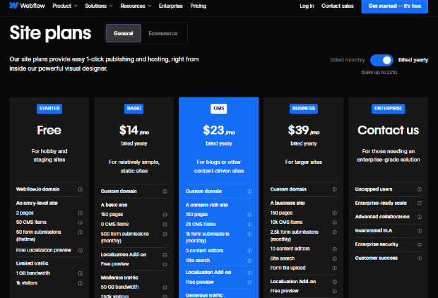 webflow pricing